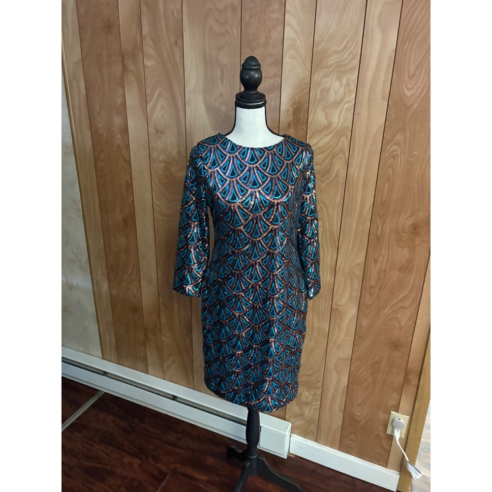 Charlotte Russe Teal Copper Sequin Art Deco‎ Scoop Back Dress Large 14105R21H5